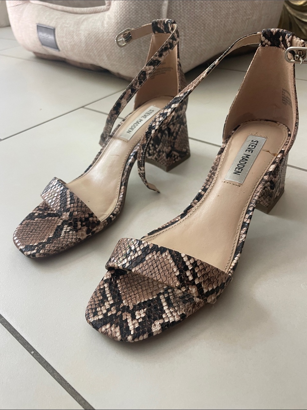 Steve Madden Snake-Print Ankle Strap Heels in Brown and Black